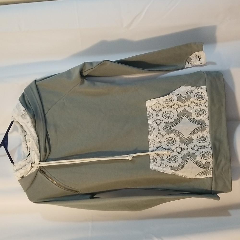 Vanilla Bay, Jina's Solid Knit Lace Con Dual Hoodie Small/Sage Green